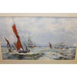 Twentieth Century English School : A Battle Ship with Ocean Liner and Sailing Boats in Choppy