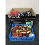 A box and basket containing die cast cars and vehicles, together with a tin plated aeroplane,