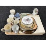 A tray of comemmorative mugs and beakers, Wedgwood heart shaped dish, Portmerion china ladle,
