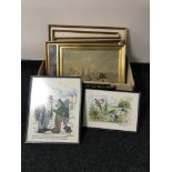 A box of six framed needleworks and two gilt framed prints