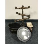 A wooden six way candle holder, porthole mirror,