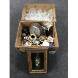 Two boxes of assorted glassware, china, battery operated clock, circular barometer,