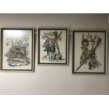 Three framed tapestries depicting hunting and fishing scenes