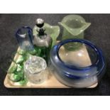 A tray of green glass and pewter liqueur decanter and glasses, Bohemian crystal bowl,