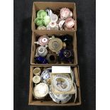 Three boxes of tea china, Bing and Grondahl plates, pottery teapots,