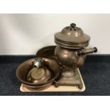 A tray of copper samovar, copper twin handled pan,