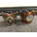 A pair of Royal Doulton glazed stoneware miniature pots with glazed blue interior, height 7 cm.