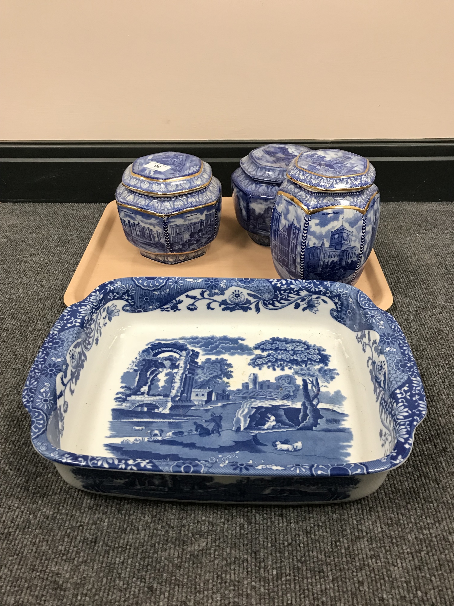 Three Ringtons caddies and a Spode Italian oven dish