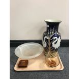 A tray comprising of glazed pottery vase depicting storks, together with an art glass bowl,