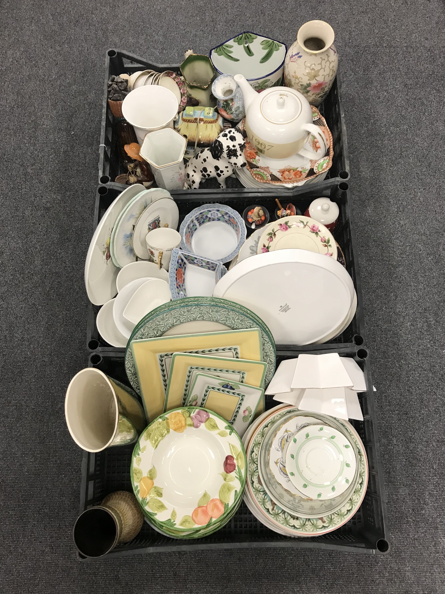 Three boxes of assorted china including serving plates by Spode etc, tea china, Ringtons,