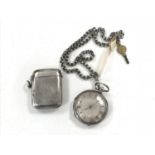 A silver cased J W Benson key wound fob watch on a chain together with a silver vesta