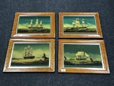 A set of four walnut framed paintings on glass depicting ships including Francis Ridley The
