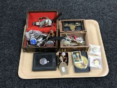 A tray containing a rolled gold pendant and rings, assorted costume jewellery, a gents wristwatch,