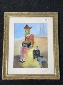 A framed oil, 'Barrel Organ Player and Harlequin , after Picasso, 1905, signed A.