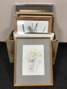 A box containing assorted framed prints, photographs including a framed watercolour study,