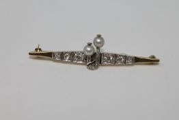 An 18ct gold old-cut diamond and pearl bar brooch