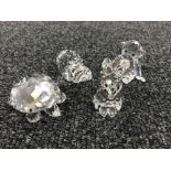 Four un-boxed Swarovski Crystal figures; monkey, rabbit, hippo and tortoise.