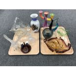 Two trays containing four pieces of art glass, two lead crystal bird ornaments, a cut glass basket,