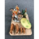 A tray containing a pair of Staffordshire flat backed figures, infantry men on horseback,