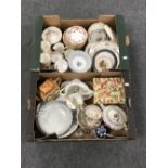 Two boxes containing assorted English tea china, cottage ware tea pots, crested spoons,