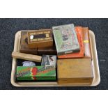 A tray containing vintage game, including Dominoes, Tabola gents travel set ,
