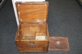 An early twentieth century metal bound oak box, bearing a Cleveland petroleum products plaque,