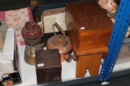 A pine cracket, together with a mahogany box, a cased meter,