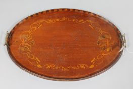 A Victorian inlaid mahogany twin handled gallery tray