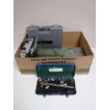 A metal concertina tool box and tools, box of Clarke soldering gun, cased socket sets, electric saw,