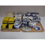 Two trays of Ringtons china : willow pattern teapots, caddies, butter dish, toast rack,