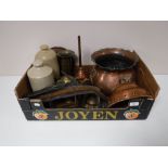 A box of Art Nouveau copper planter, copper funnel, brass ware, horse brasses,