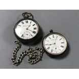 Two silver pocket watches and a silver watch chain.