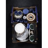 Two boxes containing Denby tea ware, assorted pottery dinnerware, flan dishes,