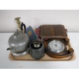 A tray containing an Abbey pewter tea pot on stand, oak horseshoe barometer, cased cutlery,
