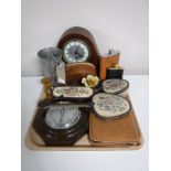 A tray containing an early twentieth century mahogany mantel clock, oak barometer,