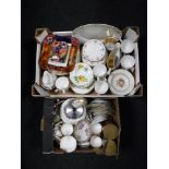 Two boxes containing assorted tea china, dolls of the world, ramekins,