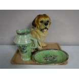 A tray containing a large pottery figure of a dog,