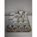 A tray containing hand painted Spode pin dishes, a Wedgwood Clementine preserve pot, Shelley dishes,