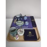 A tray containing boxed and unboxed Wedgwood Jasperware, boxed Royal Worcester cheese knife,