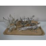 A tray containing six metal pheasant and cockerel table ornaments