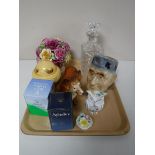 A tray containing china flower posies, Melba ware Corgi dog, Aynsley Orchard Gold lidded pot,