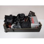 A box of assorted cameras and accessories including Practika, Pentax, Sony,