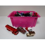 A box containing a large quantity of assorted die cast vehicles, including Beetles, Rolls Royce,