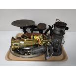 A tray containing vintage blow torch, brass bugle, kitchen scales and weights,