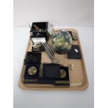 A tray containing assorted pens including Sheaffer, boxed sporting medals, hand painted ostrich egg,