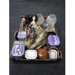 Two boxes containing ornaments, lacquered trinket box, pair of glass table lamps, Ringtons tins,