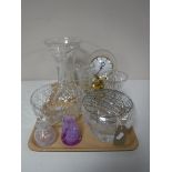 A tray containing assorted lead crystal and cut glassware, including boxed Royal Brierley rose bowl,