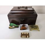 A 19th century mahogany caddy, together with a brass box, a Japanese bezique marker, a boxed pipe,