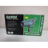 A boxed Hawke Sports Optics 25X75 magnification spotting scope and stand