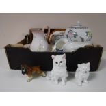 Three Sindicast figures of dachshunds, box of pottery jug & basin, animal figures,